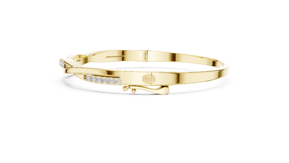 Twisted lab grown diamond bangle bracelet in yellow gold white gold and rose gold with modern crossover diamond design