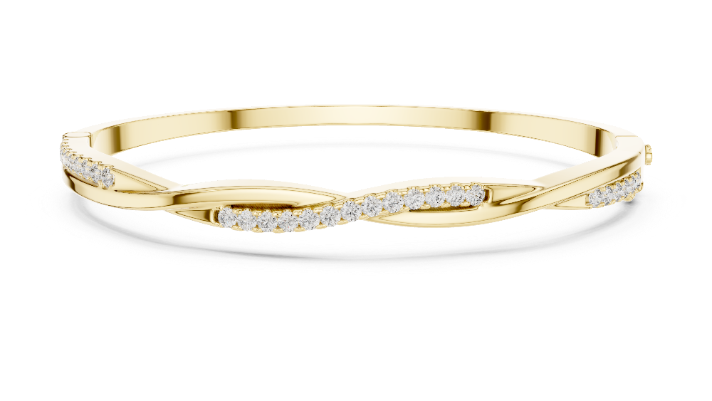 Twisted lab grown diamond bangle bracelet in yellow gold white gold and rose gold with modern crossover diamond design