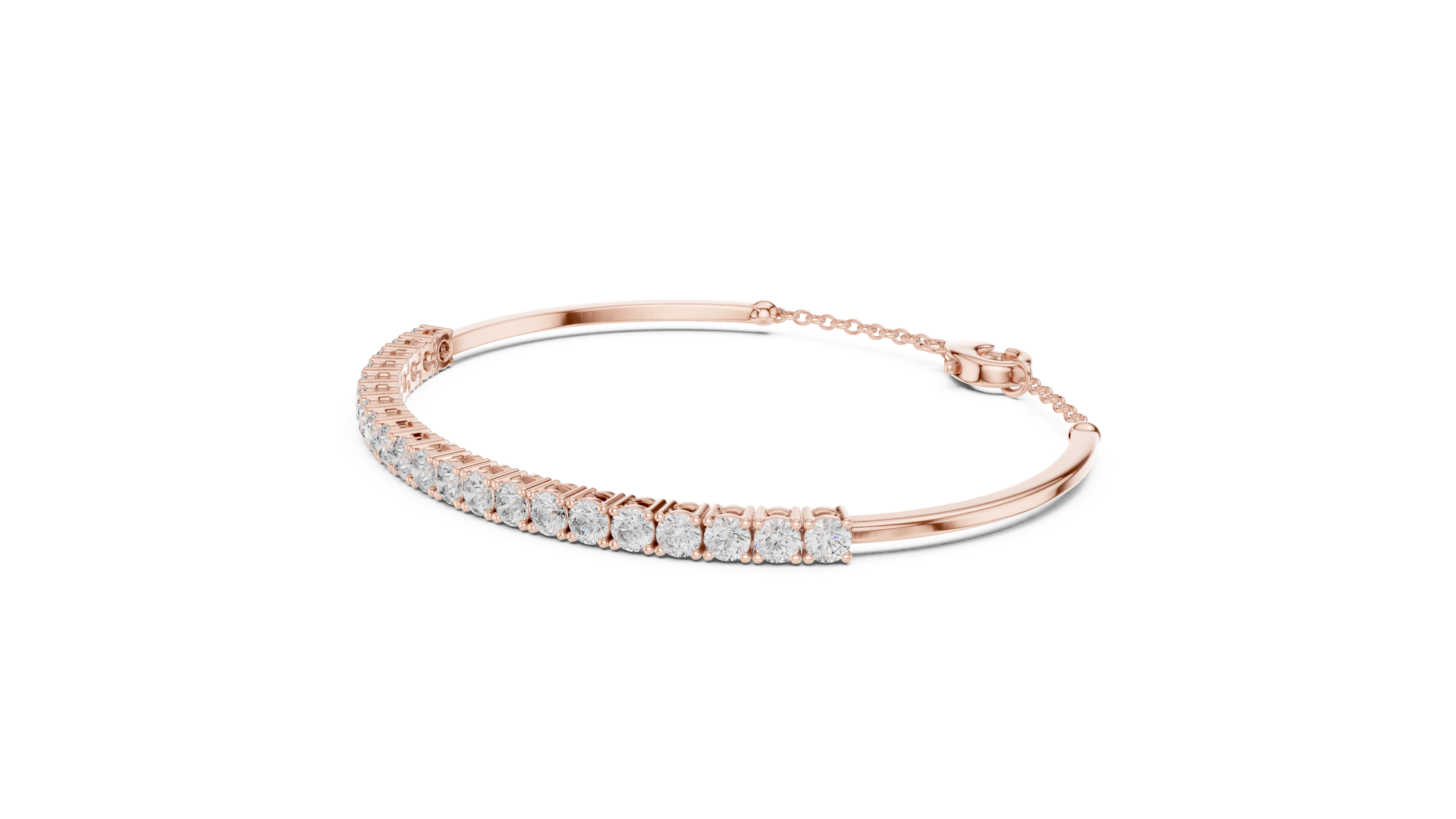 Open cuff lab grown diamond bangle bracelet in yellow gold white gold and rose gold with sleek modern diamond design