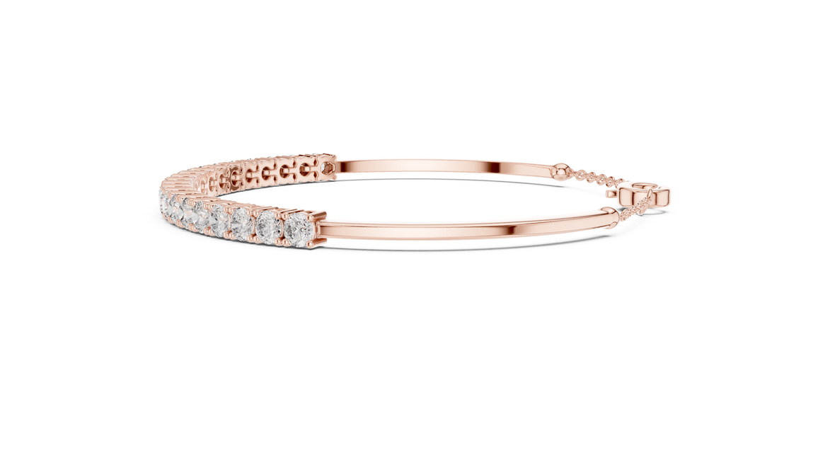 Open cuff lab grown diamond bangle bracelet in yellow gold white gold and rose gold with sleek modern diamond design