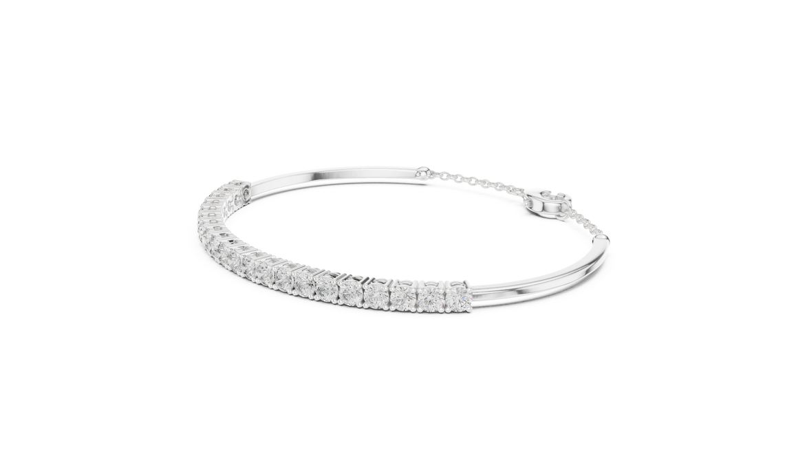 Open cuff lab grown diamond bangle bracelet in yellow gold white gold and rose gold with sleek modern diamond design