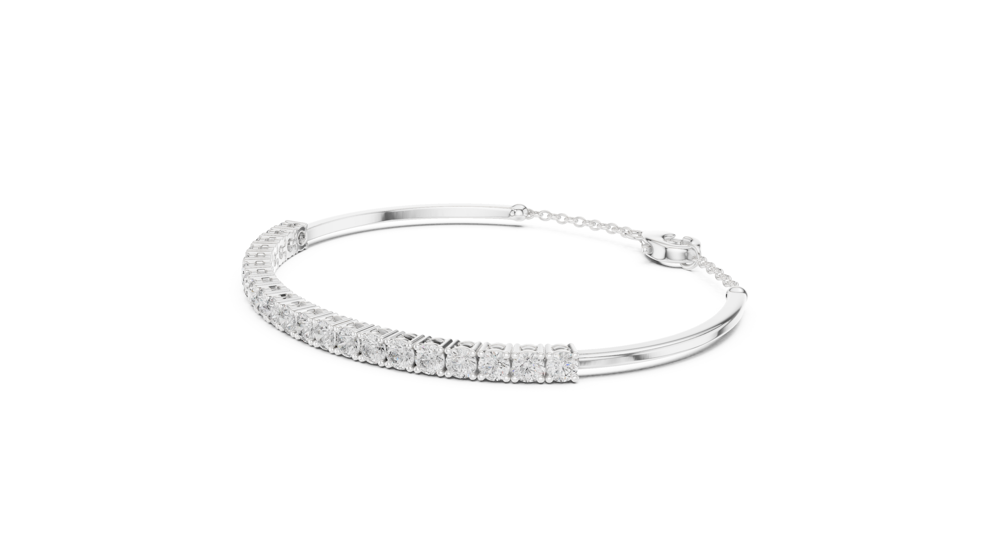 Open cuff lab grown diamond bangle bracelet in yellow gold white gold and rose gold with sleek modern diamond design