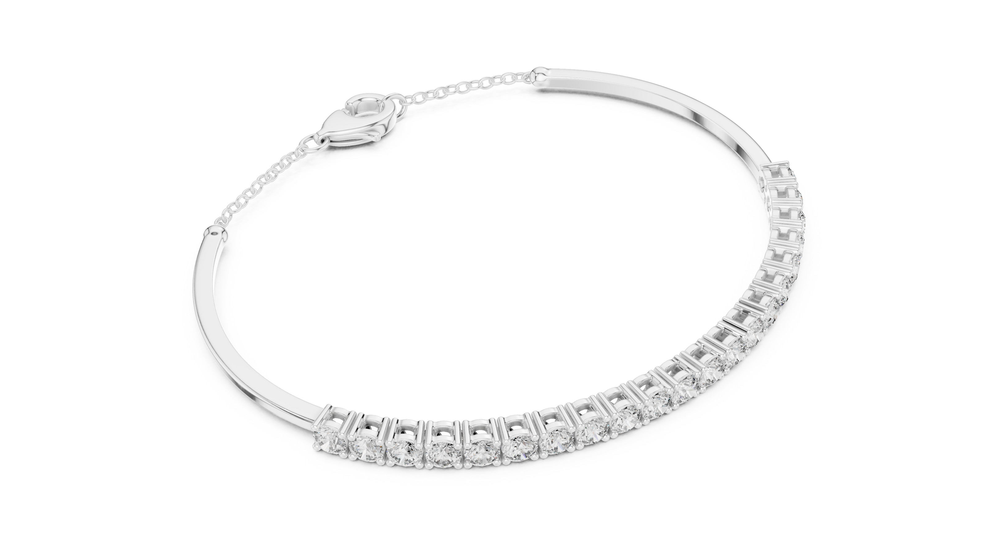Open cuff lab grown diamond bangle bracelet in yellow gold white gold and rose gold with sleek modern diamond design