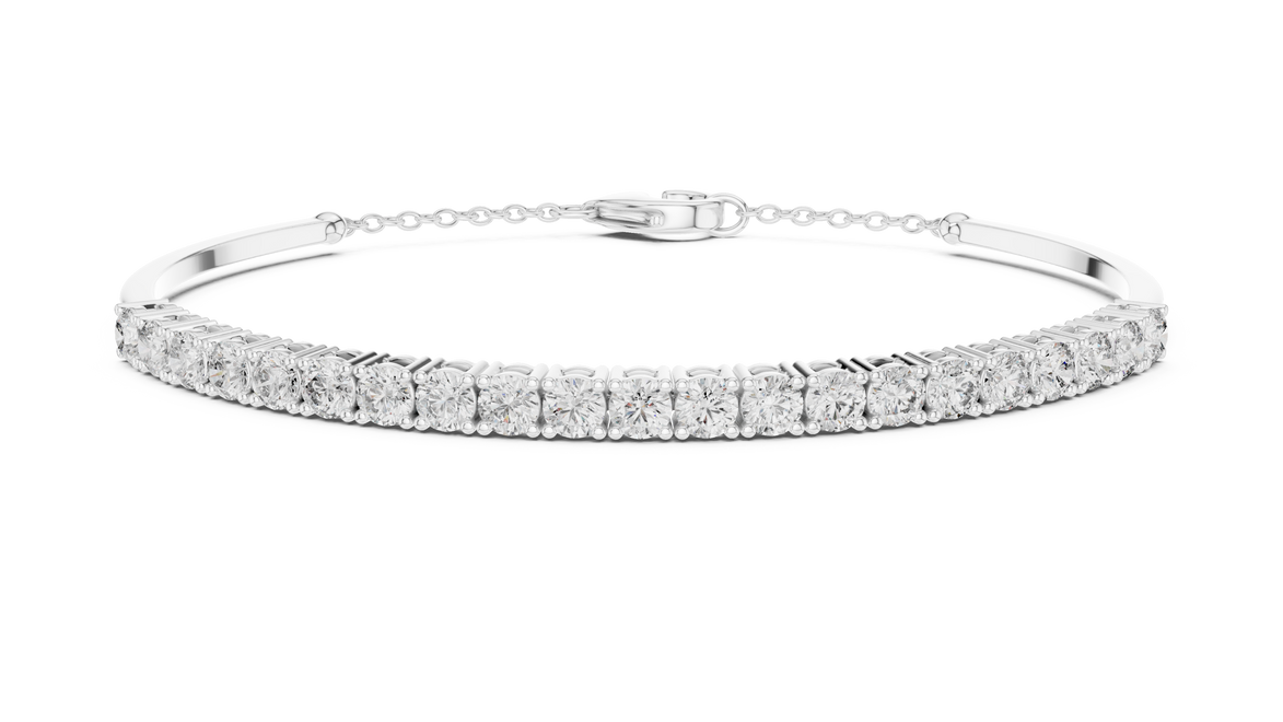 Open cuff lab grown diamond bangle bracelet in yellow gold white gold and rose gold with sleek modern diamond design