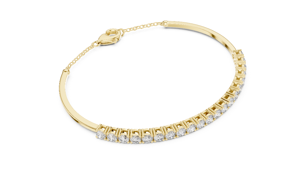 Open cuff lab grown diamond bangle bracelet in yellow gold white gold and rose gold with sleek modern diamond design