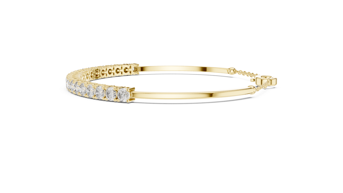 Open cuff lab grown diamond bangle bracelet in yellow gold white gold and rose gold with sleek modern diamond design