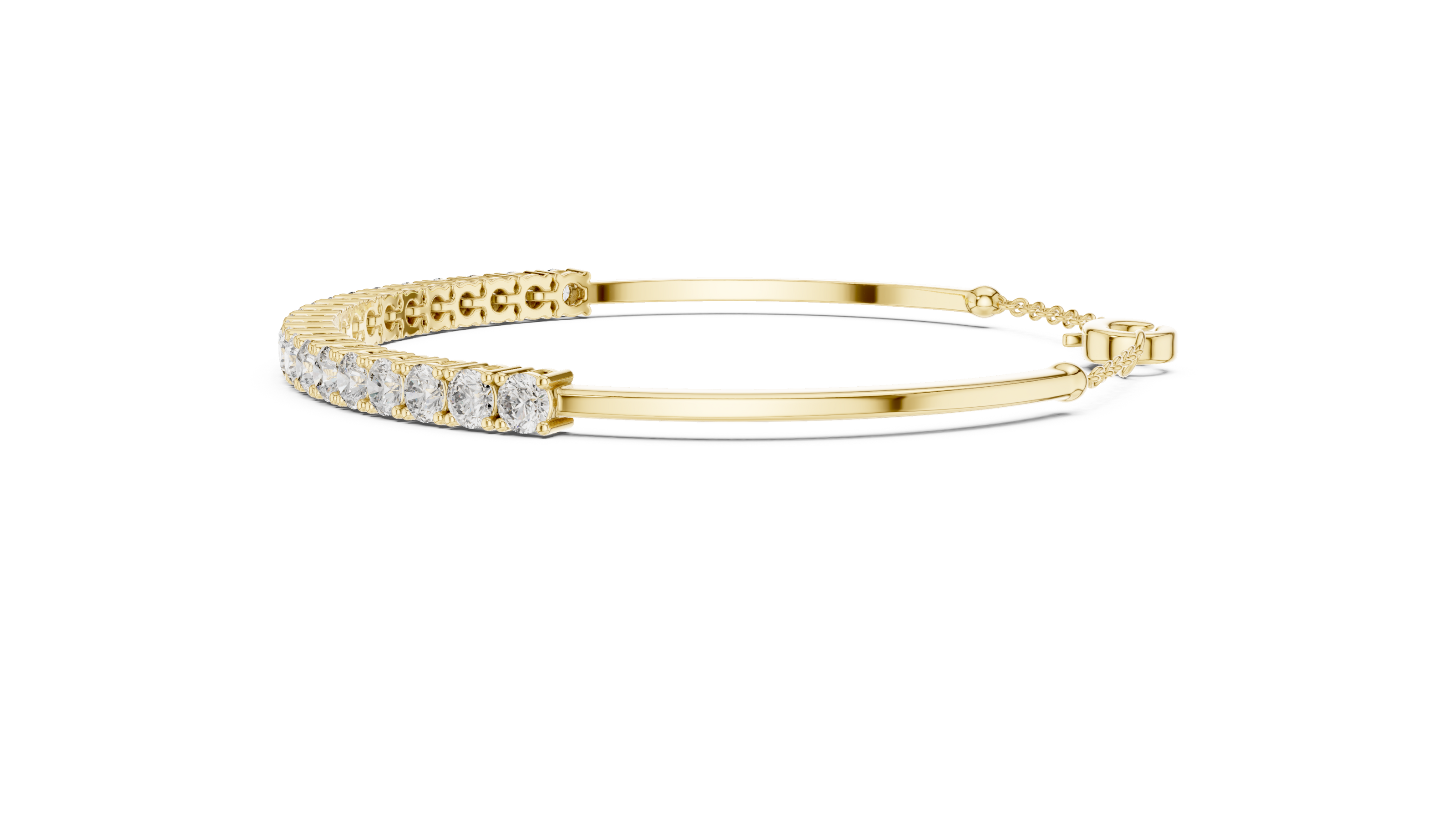 Open cuff lab grown diamond bangle bracelet in yellow gold white gold and rose gold with sleek modern diamond design