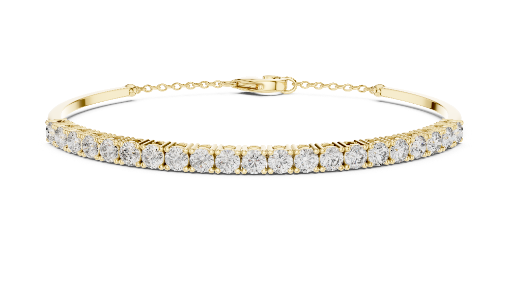 Open cuff lab grown diamond bangle bracelet in yellow gold white gold and rose gold with sleek modern diamond design