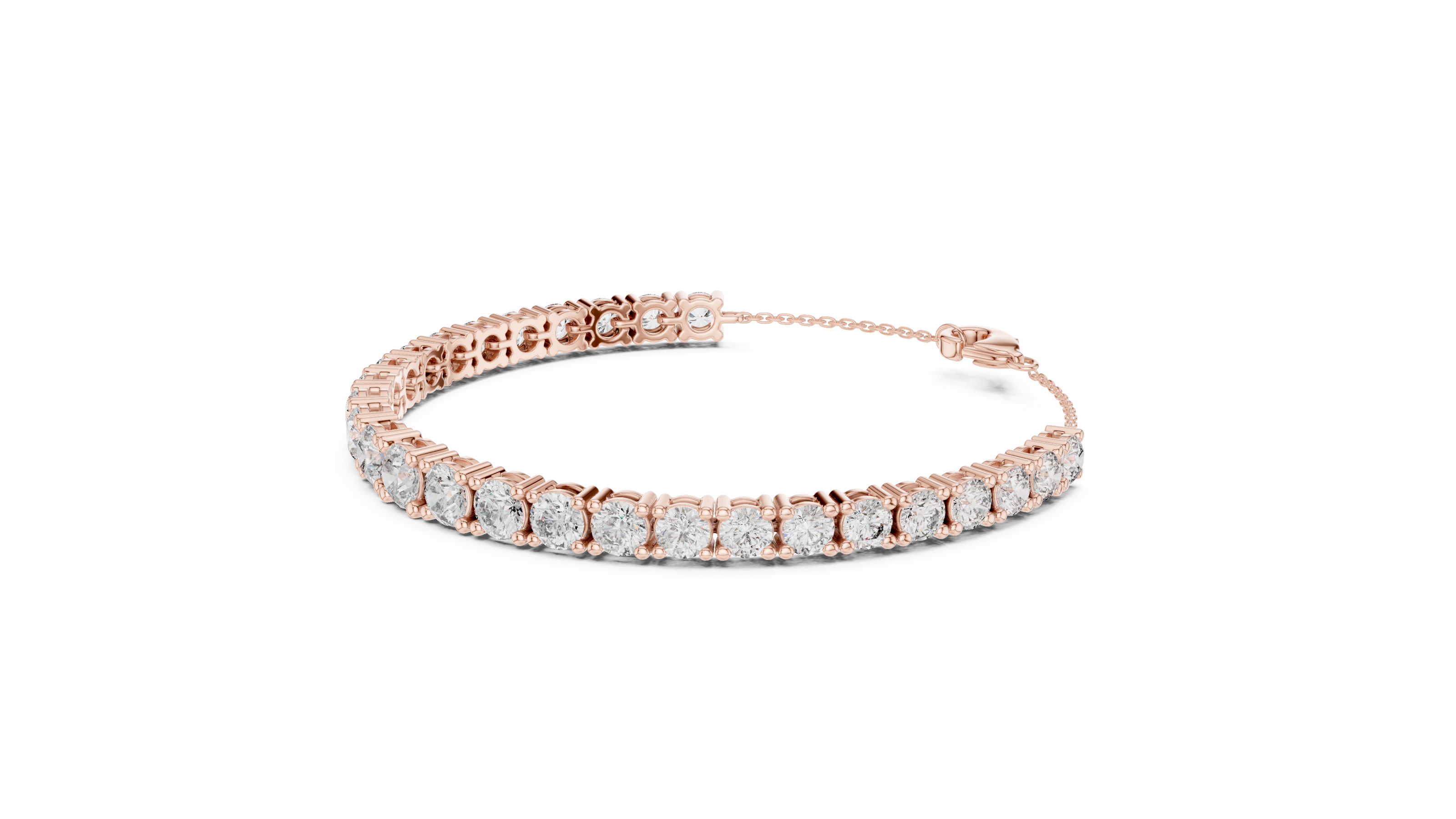 Graduated lab grown diamond tennis bracelet in yellow gold white gold and rose gold with round brilliant diamond design
