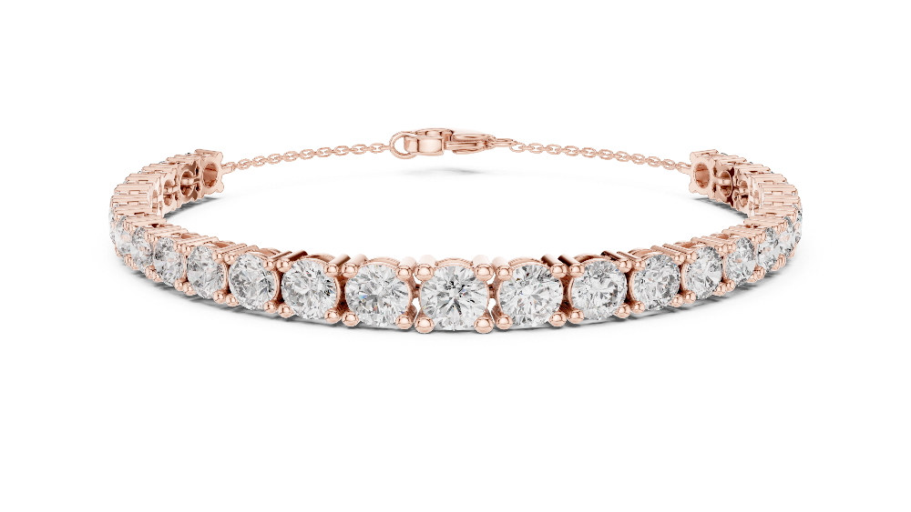 Graduated lab grown diamond tennis bracelet in yellow gold white gold and rose gold with round brilliant diamond design