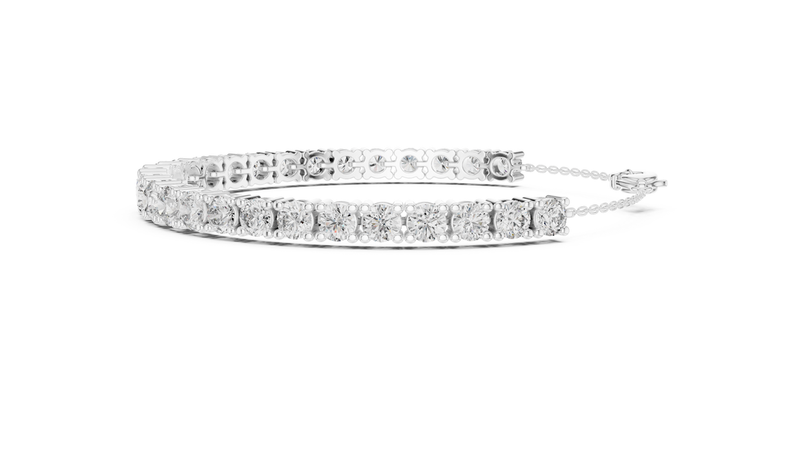 Graduated lab grown diamond tennis bracelet in yellow gold white gold and rose gold with round brilliant diamond design