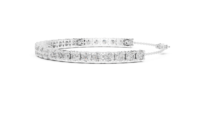 Graduated lab grown diamond tennis bracelet in yellow gold white gold and rose gold with round brilliant diamond design