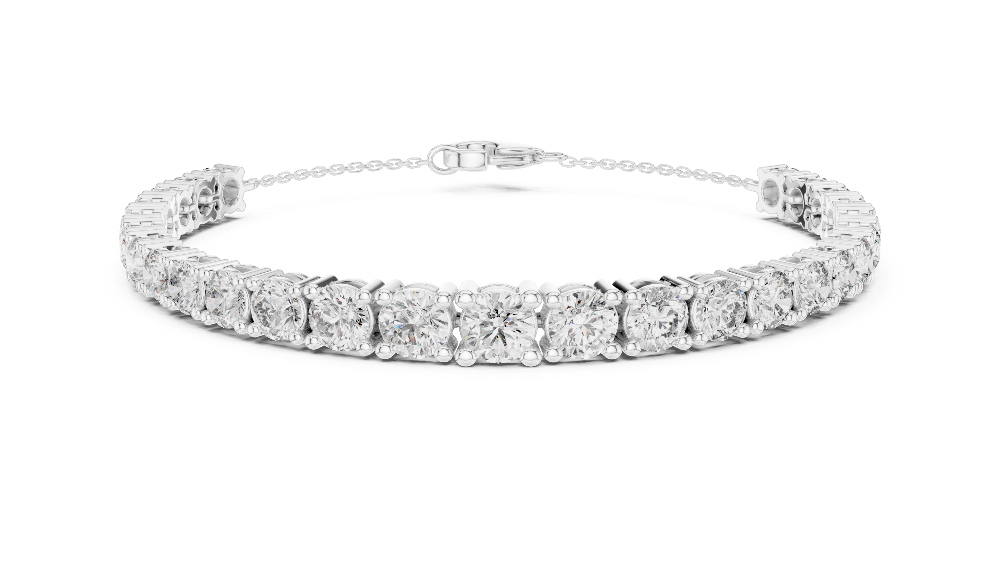 Graduated lab grown diamond tennis bracelet in yellow gold white gold and rose gold with round brilliant diamond design