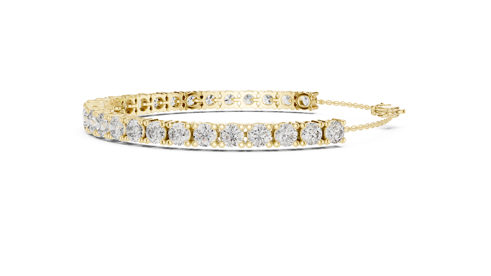 Graduated lab grown diamond tennis bracelet in yellow gold white gold and rose gold with round brilliant diamond design