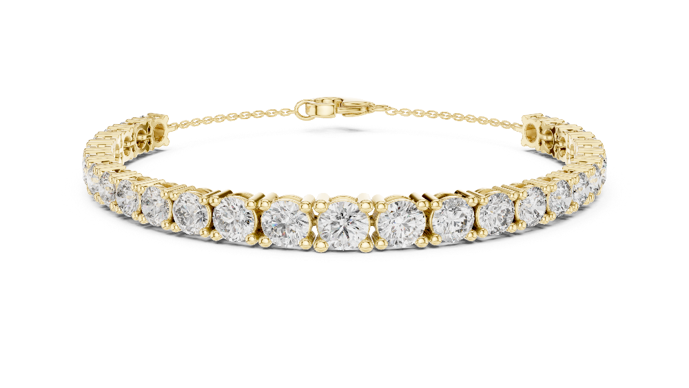 Graduated lab grown diamond tennis bracelet in yellow gold white gold and rose gold with round brilliant diamond design
