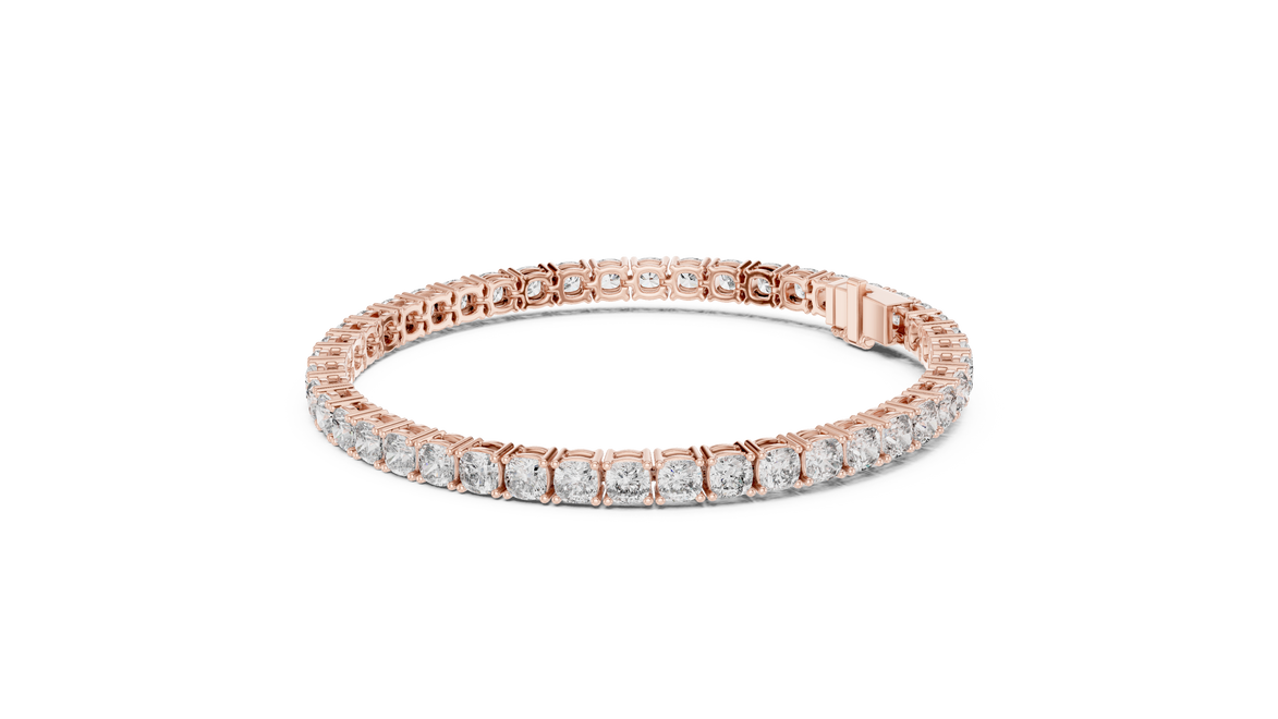 Cushion cut lab grown diamond tennis bracelet in yellow gold white gold and rose gold with luxury diamond setting