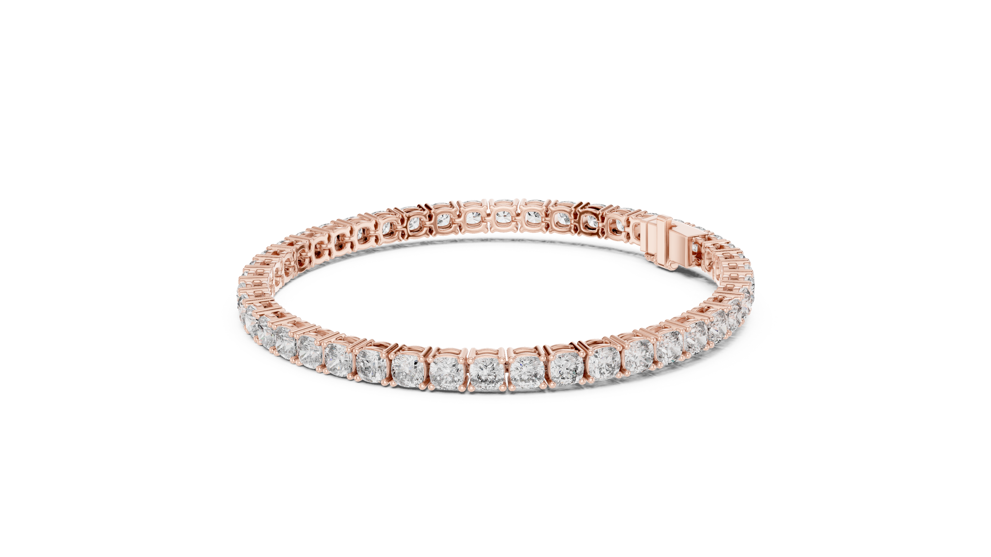 Cushion cut lab grown diamond tennis bracelet in yellow gold white gold and rose gold with luxury diamond setting