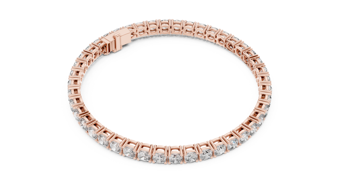 Cushion cut lab grown diamond tennis bracelet in yellow gold white gold and rose gold with luxury diamond setting