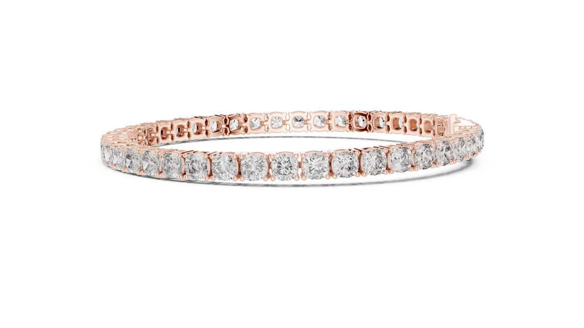 Cushion cut lab grown diamond tennis bracelet in yellow gold white gold and rose gold with luxury diamond setting