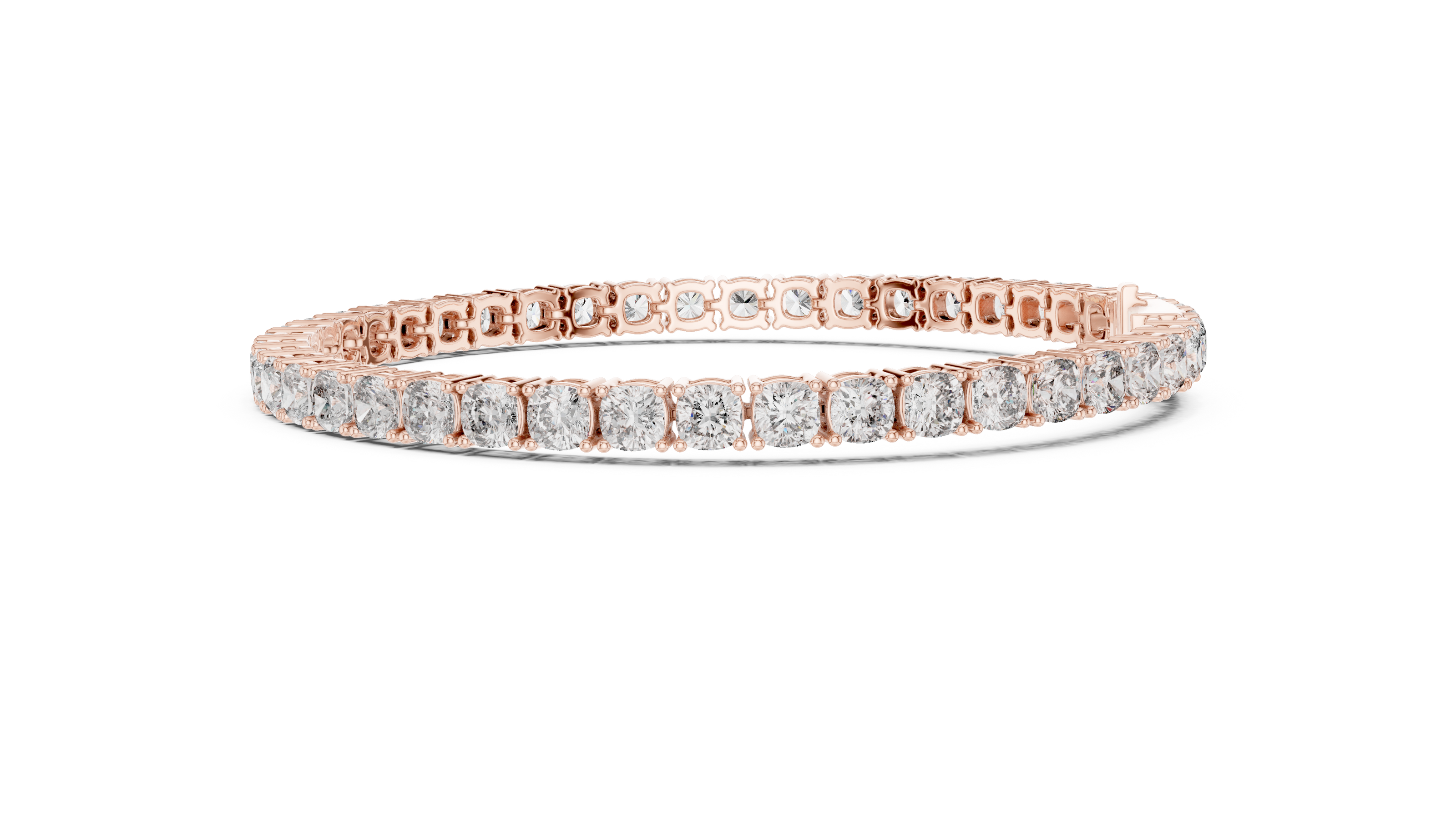 Cushion cut lab grown diamond tennis bracelet in yellow gold white gold and rose gold with luxury diamond setting