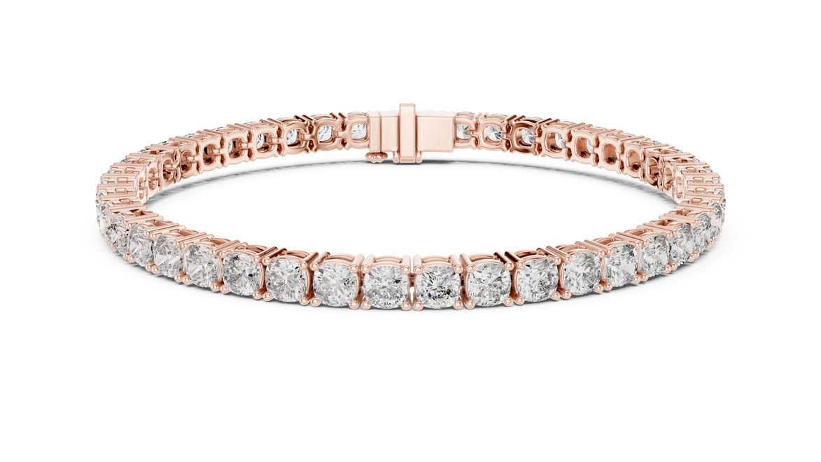 Cushion cut lab grown diamond tennis bracelet in yellow gold white gold and rose gold with luxury diamond setting