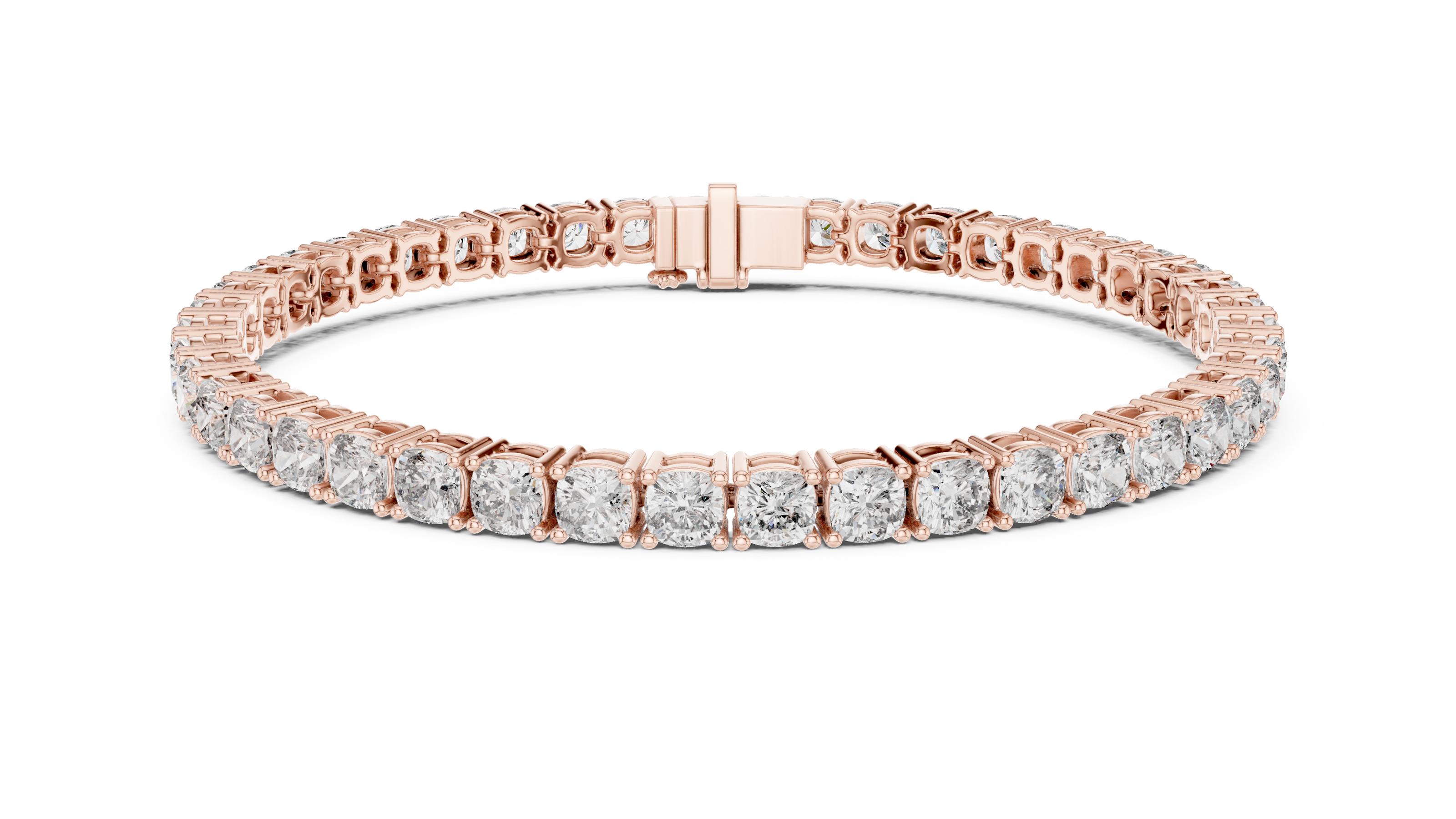 Cushion cut lab grown diamond tennis bracelet in yellow gold white gold and rose gold with luxury diamond setting