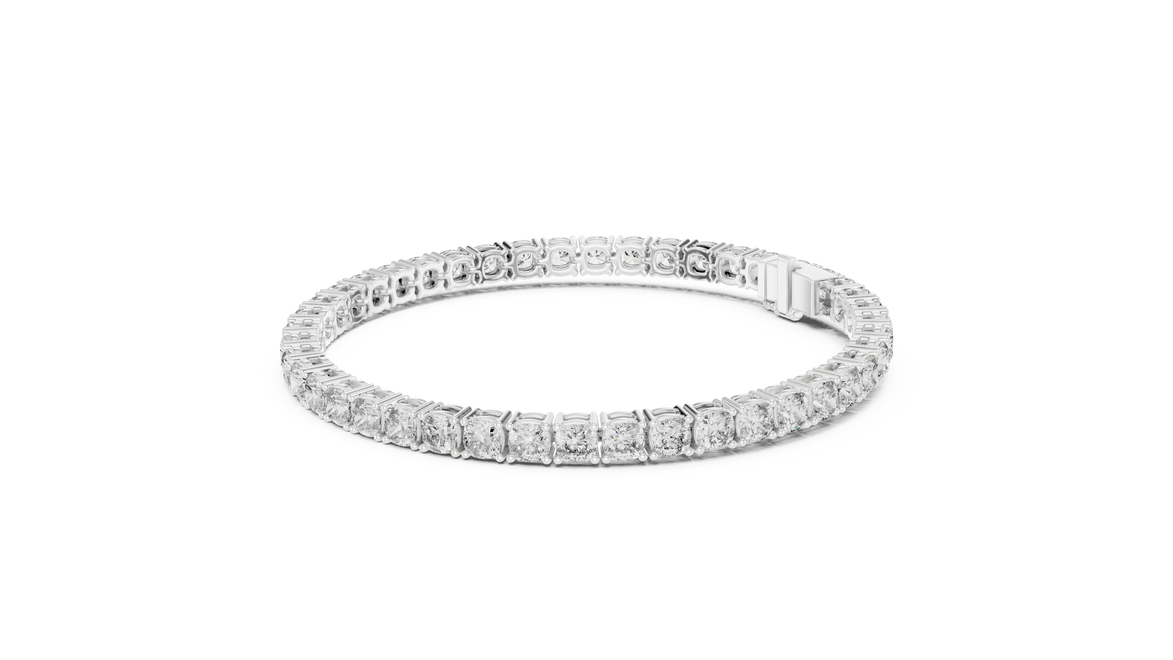 Cushion cut lab grown diamond tennis bracelet in yellow gold white gold and rose gold with luxury diamond setting