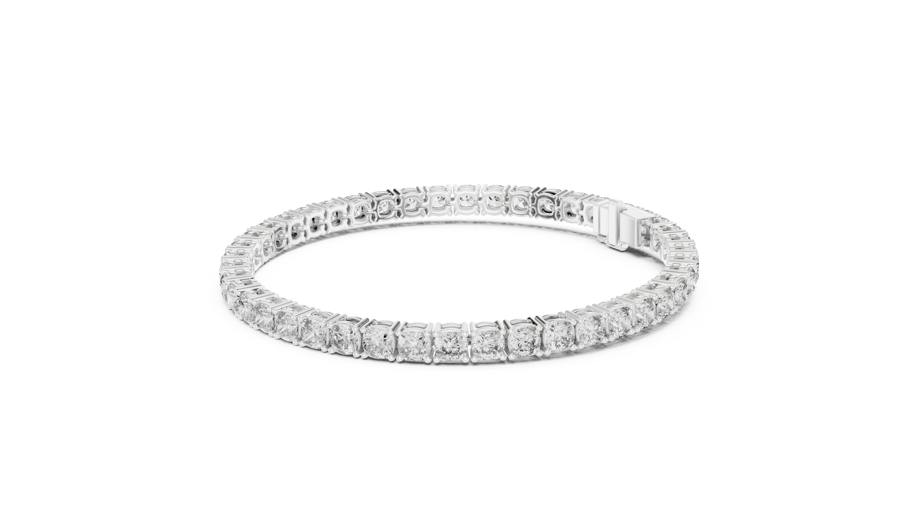Cushion cut lab grown diamond tennis bracelet in yellow gold white gold and rose gold with luxury diamond setting