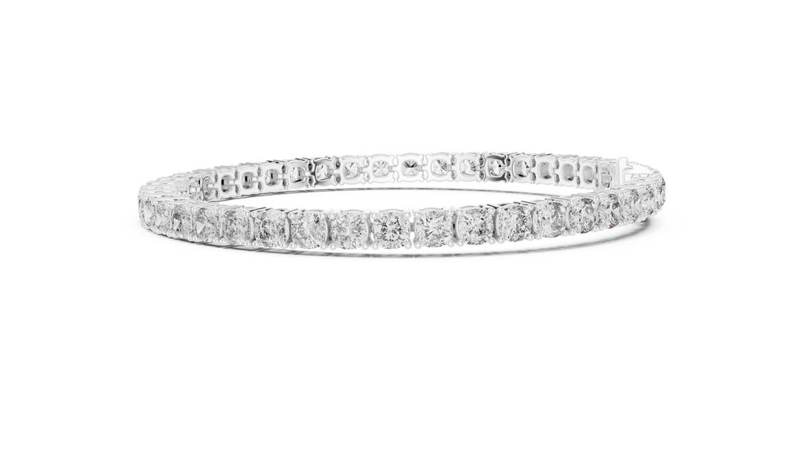 Cushion cut lab grown diamond tennis bracelet in yellow gold white gold and rose gold with luxury diamond setting