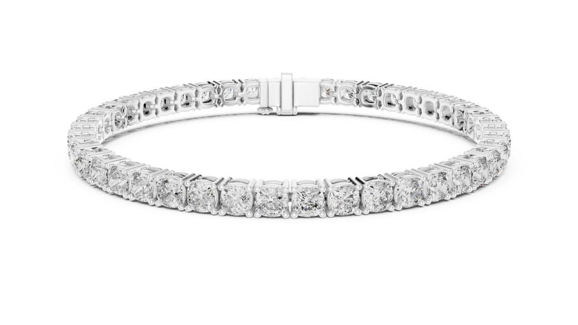 Cushion cut lab grown diamond tennis bracelet in yellow gold white gold and rose gold with luxury diamond setting