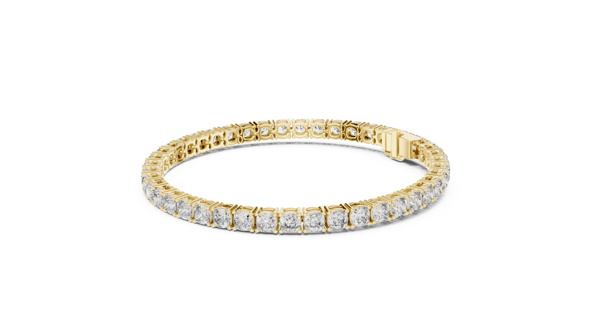 Cushion cut lab grown diamond tennis bracelet in yellow gold white gold and rose gold with luxury diamond setting