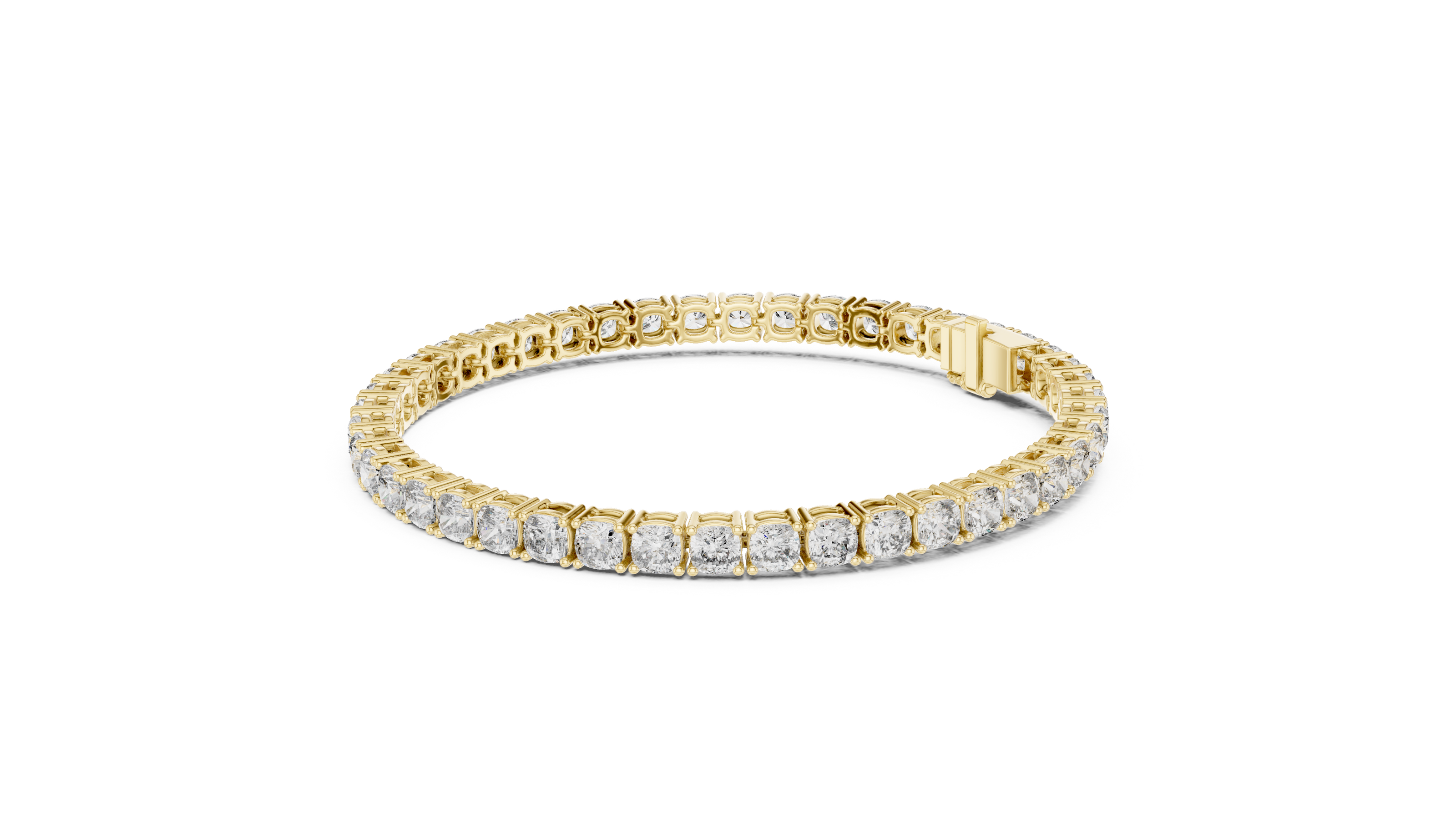 Cushion cut lab grown diamond tennis bracelet in yellow gold white gold and rose gold with luxury diamond setting