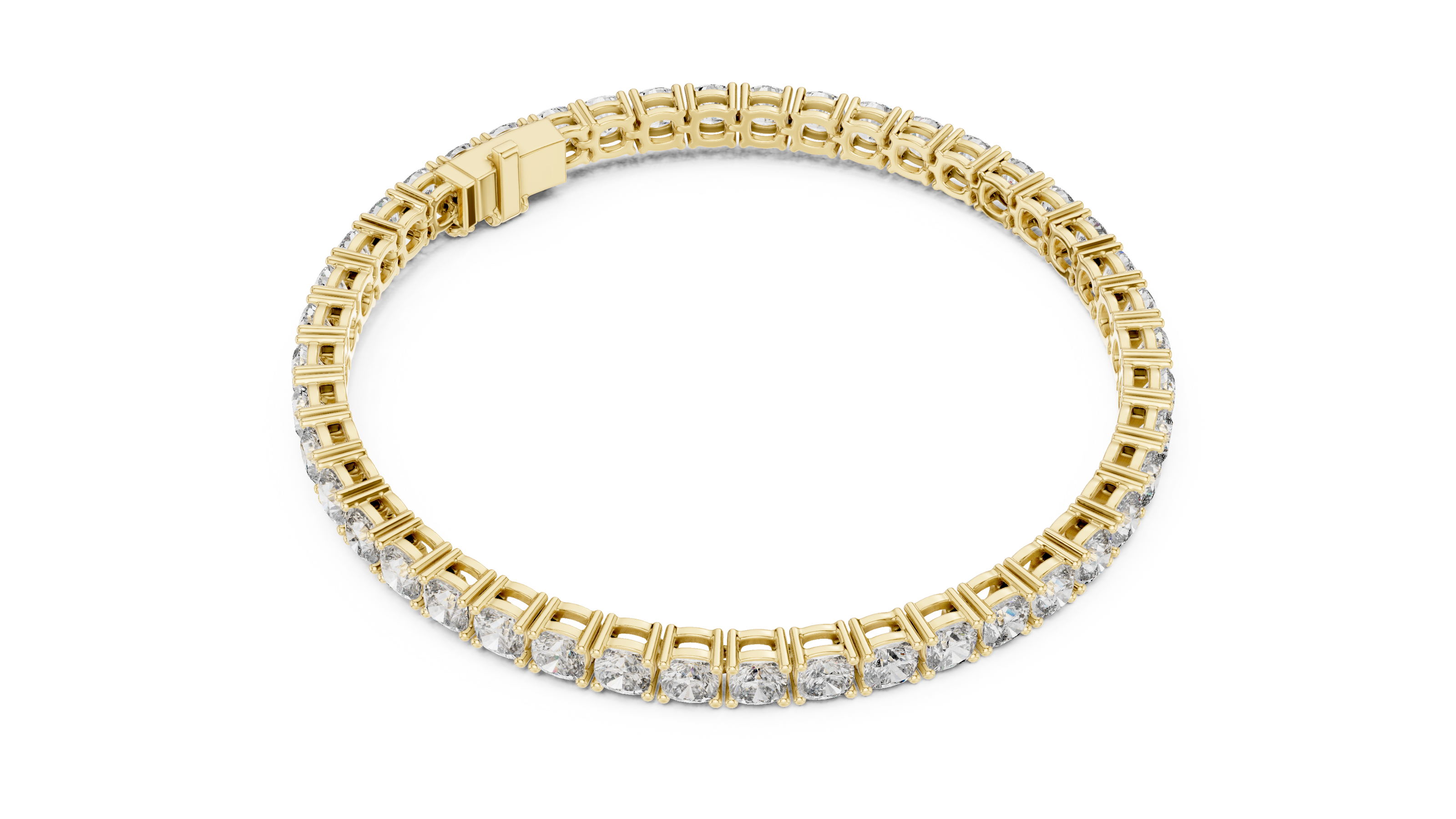 Cushion cut lab grown diamond tennis bracelet in yellow gold white gold and rose gold with luxury diamond setting