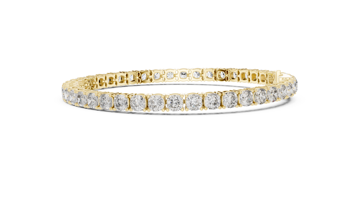 Cushion cut lab grown diamond tennis bracelet in yellow gold white gold and rose gold with luxury diamond setting
