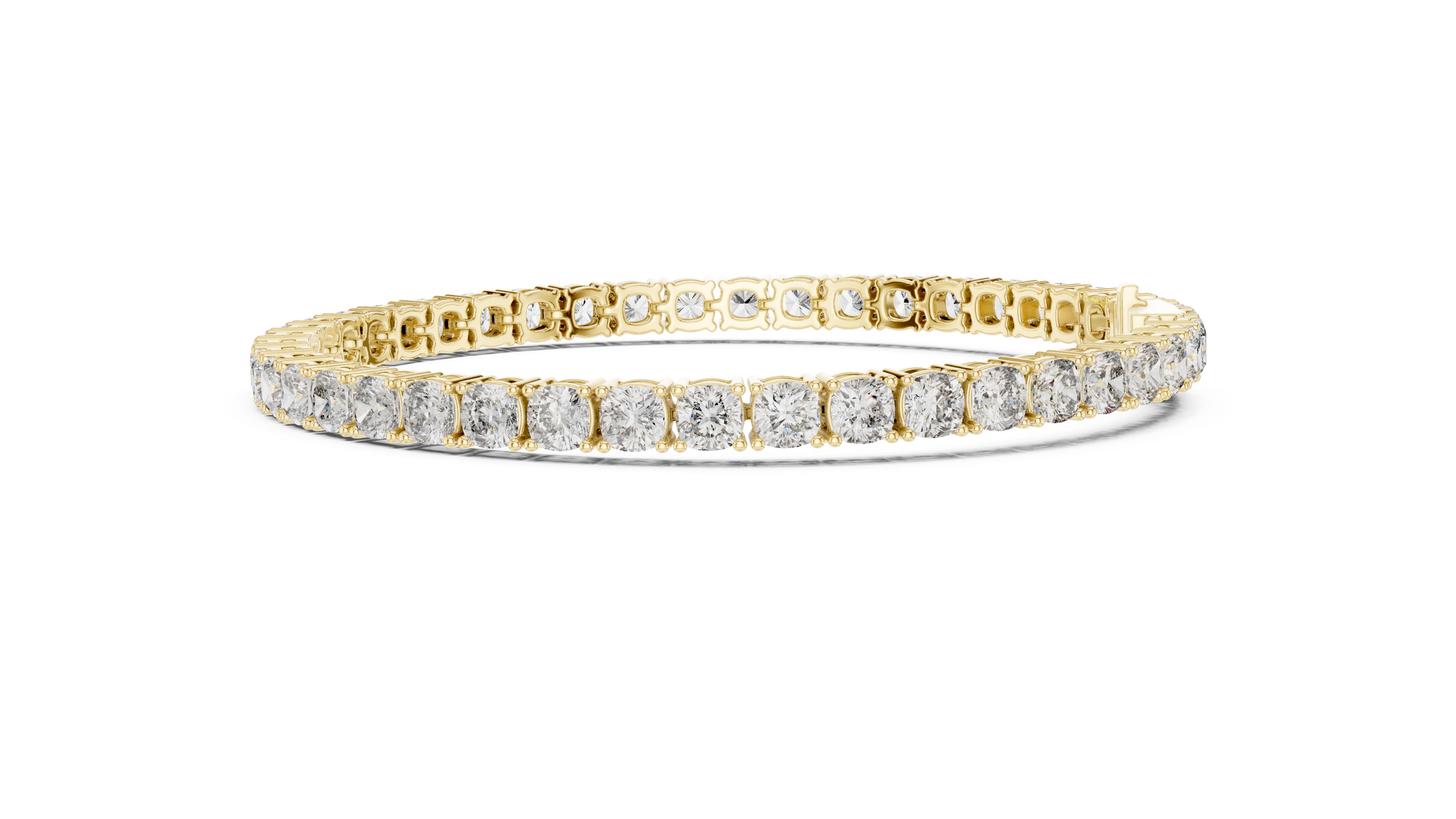 Cushion cut lab grown diamond tennis bracelet in yellow gold white gold and rose gold with luxury diamond setting