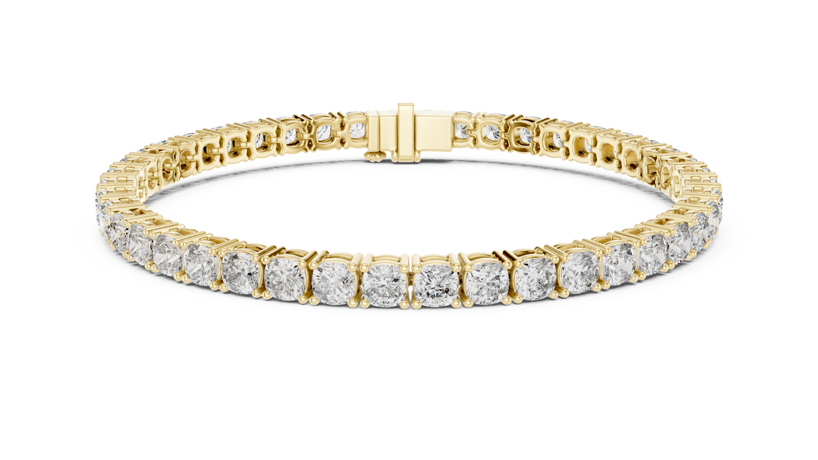 Cushion cut lab grown diamond tennis bracelet in yellow gold white gold and rose gold with luxury diamond setting