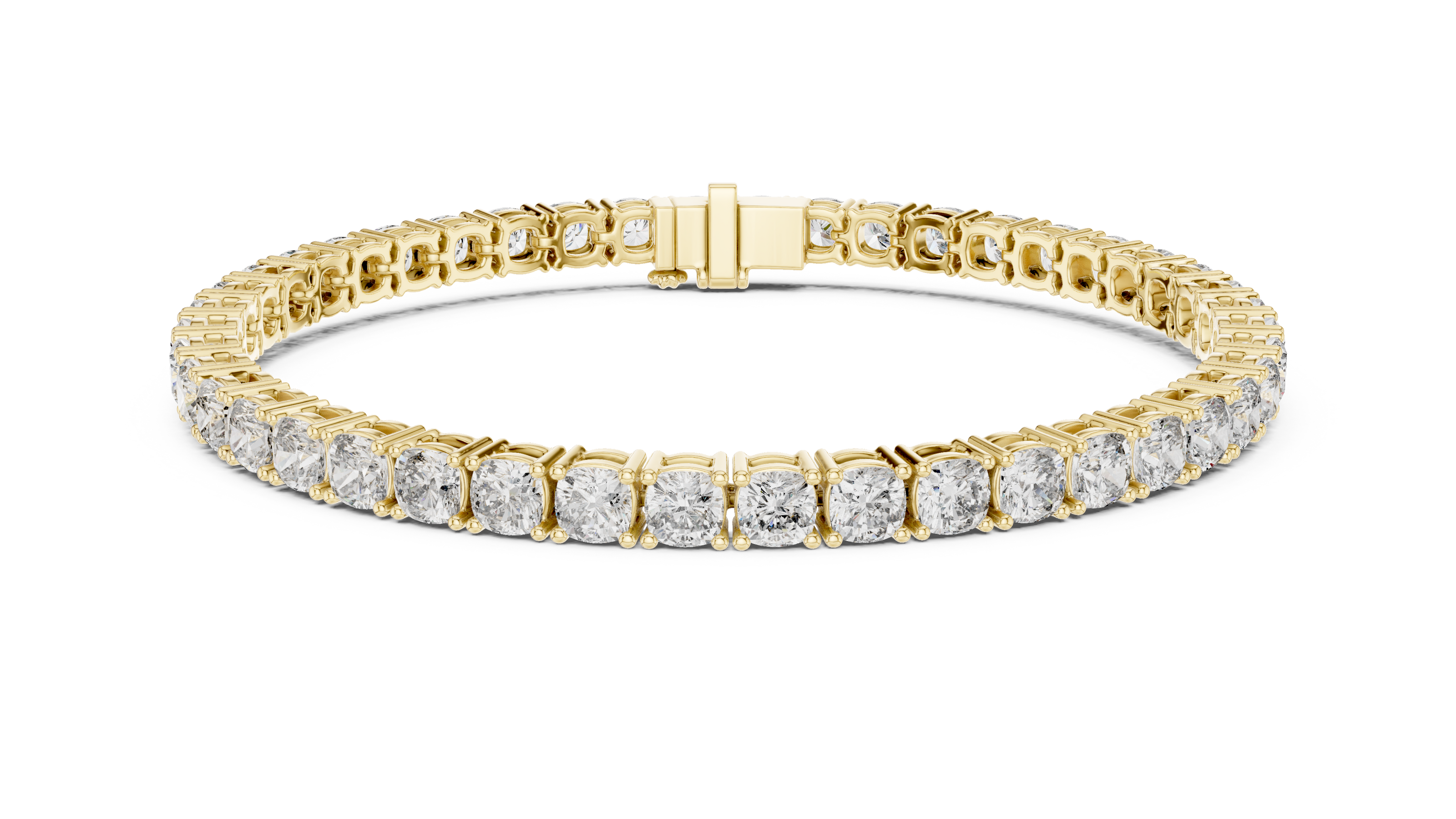 Cushion cut lab grown diamond tennis bracelet in yellow gold white gold and rose gold with luxury diamond setting