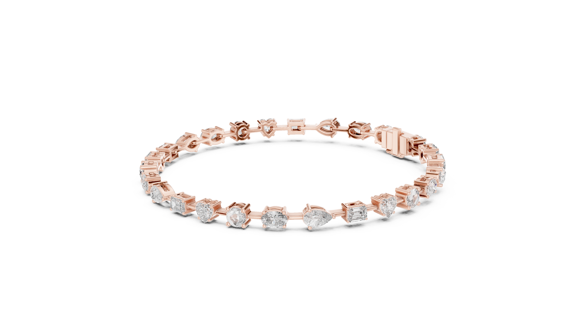Multi shape lab grown diamond tennis bracelet with round heart oval pear and emerald cut diamonds in gold variations