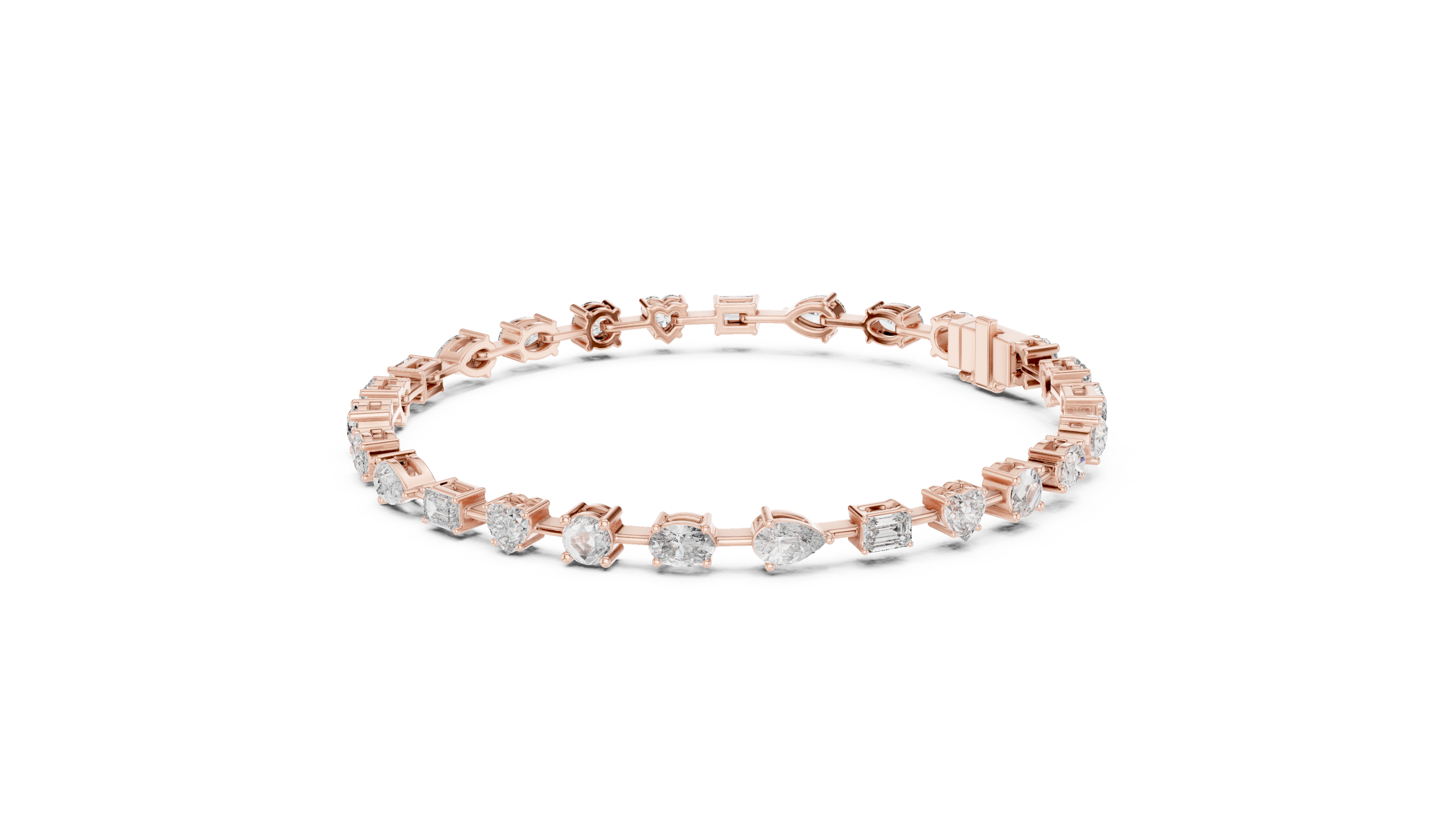 Multi shape lab grown diamond tennis bracelet with round heart oval pear and emerald cut diamonds in gold variations