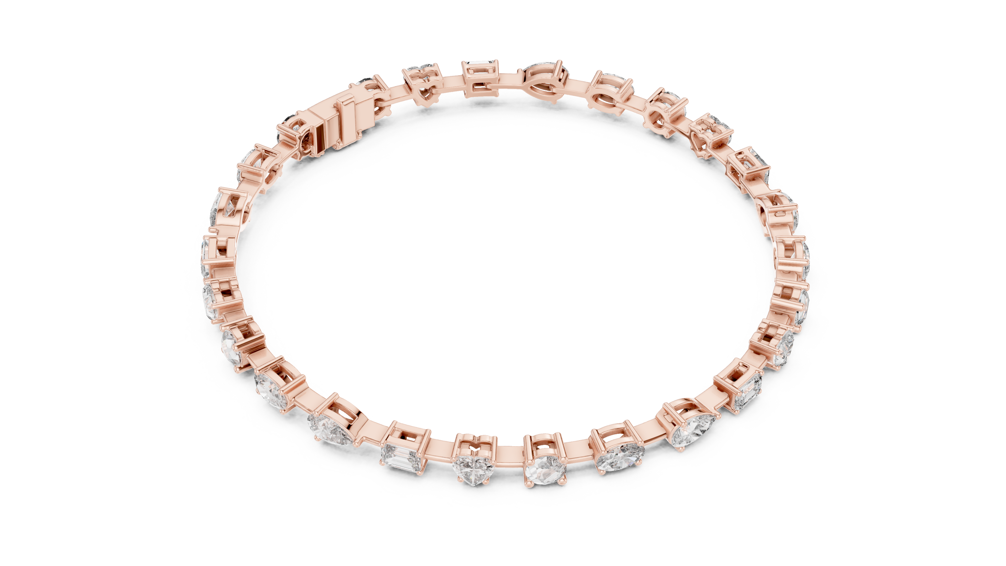 Multi shape lab grown diamond tennis bracelet with round heart oval pear and emerald cut diamonds in gold variations
