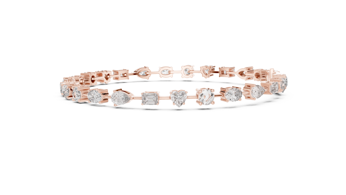 Multi shape lab grown diamond tennis bracelet with round heart oval pear and emerald cut diamonds in gold variations