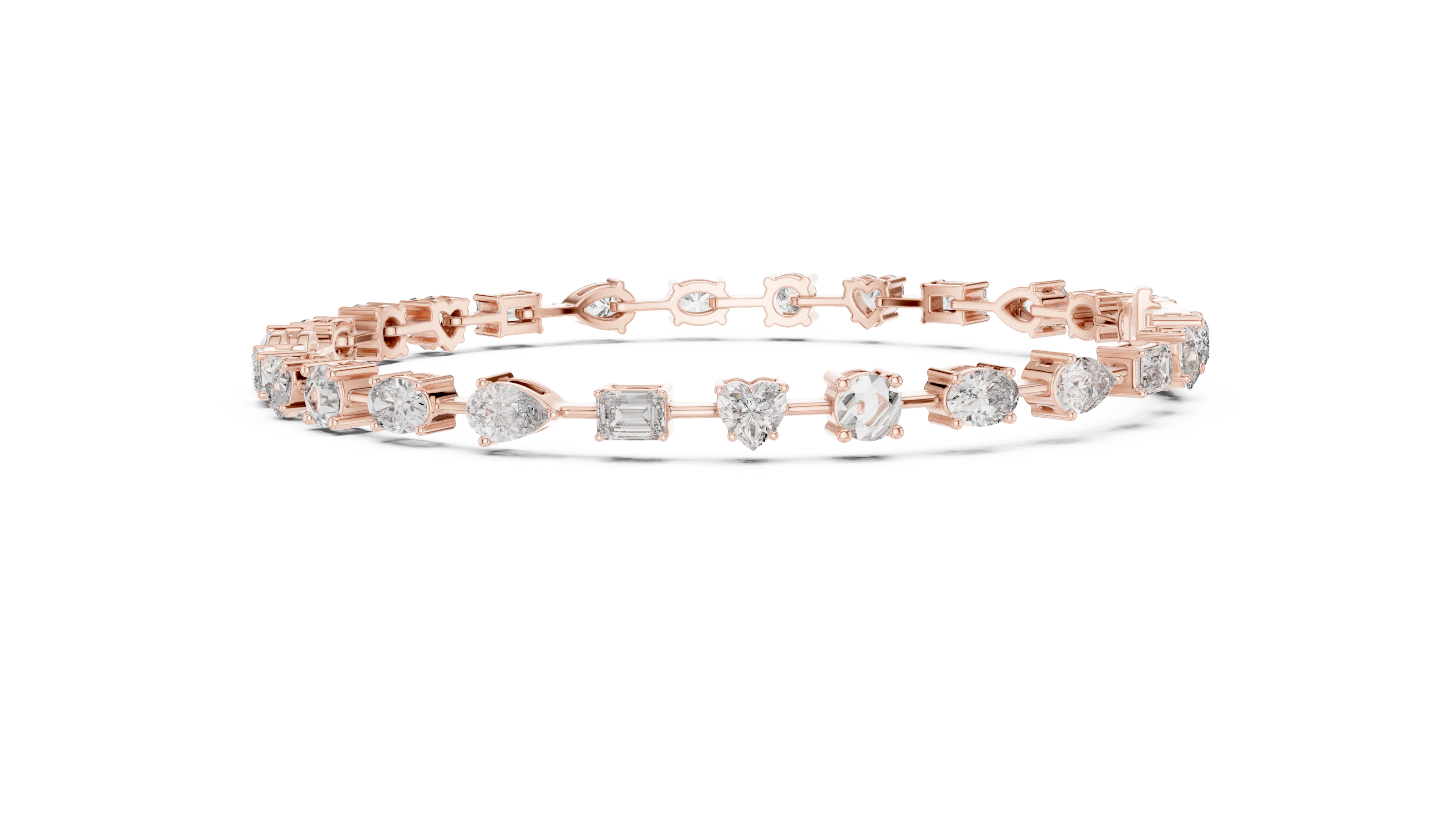 Multi shape lab grown diamond tennis bracelet with round heart oval pear and emerald cut diamonds in gold variations