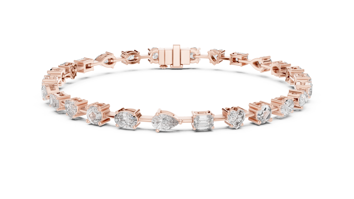 Multi shape lab grown diamond tennis bracelet with round heart oval pear and emerald cut diamonds in gold variations