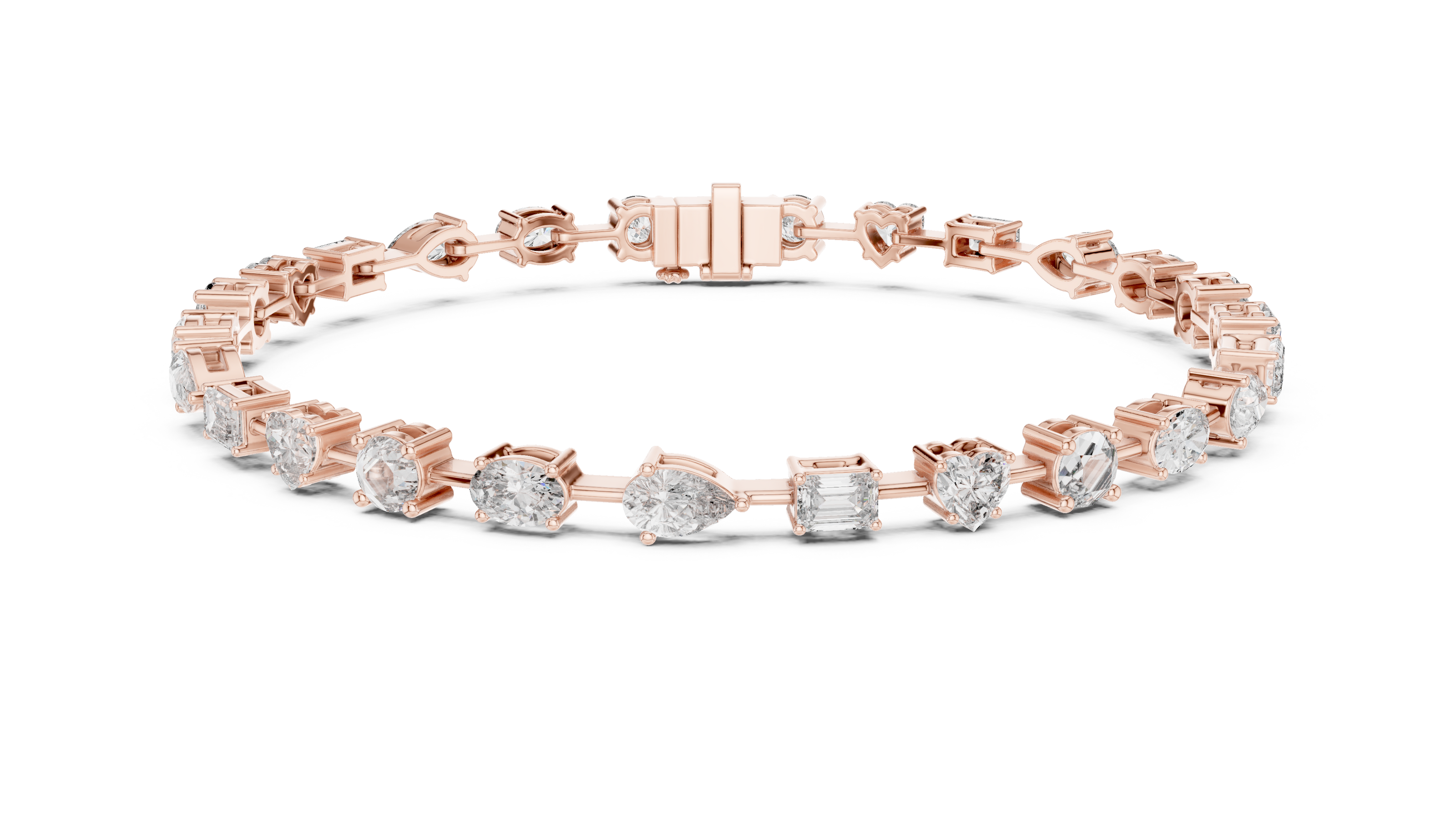 Multi shape lab grown diamond tennis bracelet with round heart oval pear and emerald cut diamonds in gold variations