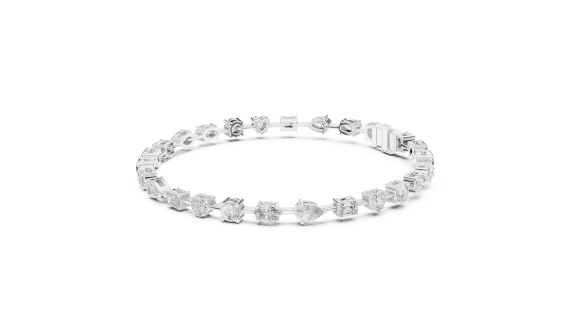 Multi shape lab grown diamond tennis bracelet with round heart oval pear and emerald cut diamonds in gold variations