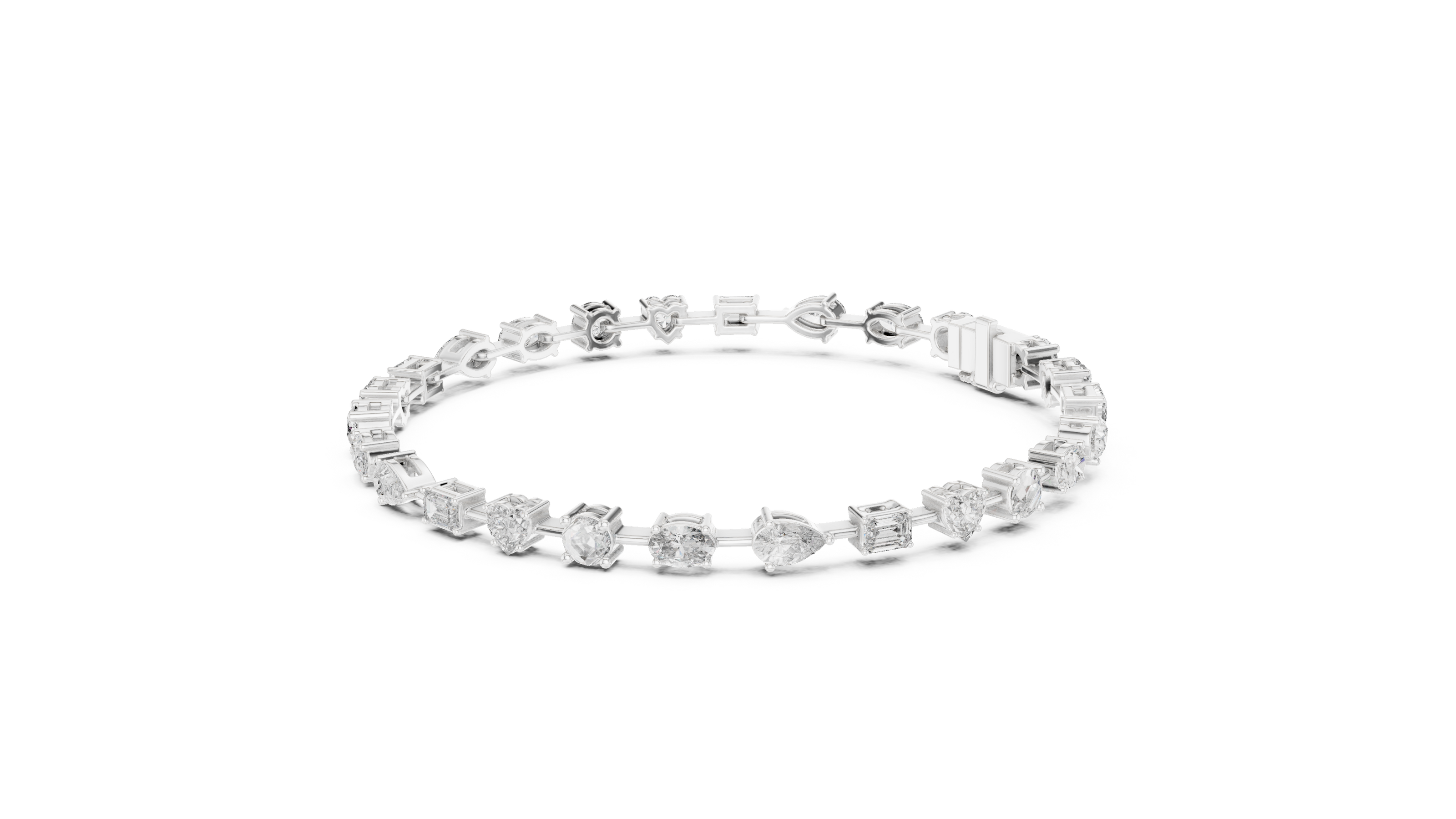 Multi shape lab grown diamond tennis bracelet with round heart oval pear and emerald cut diamonds in gold variations