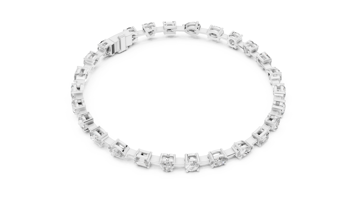 Multi shape lab grown diamond tennis bracelet with round heart oval pear and emerald cut diamonds in gold variations