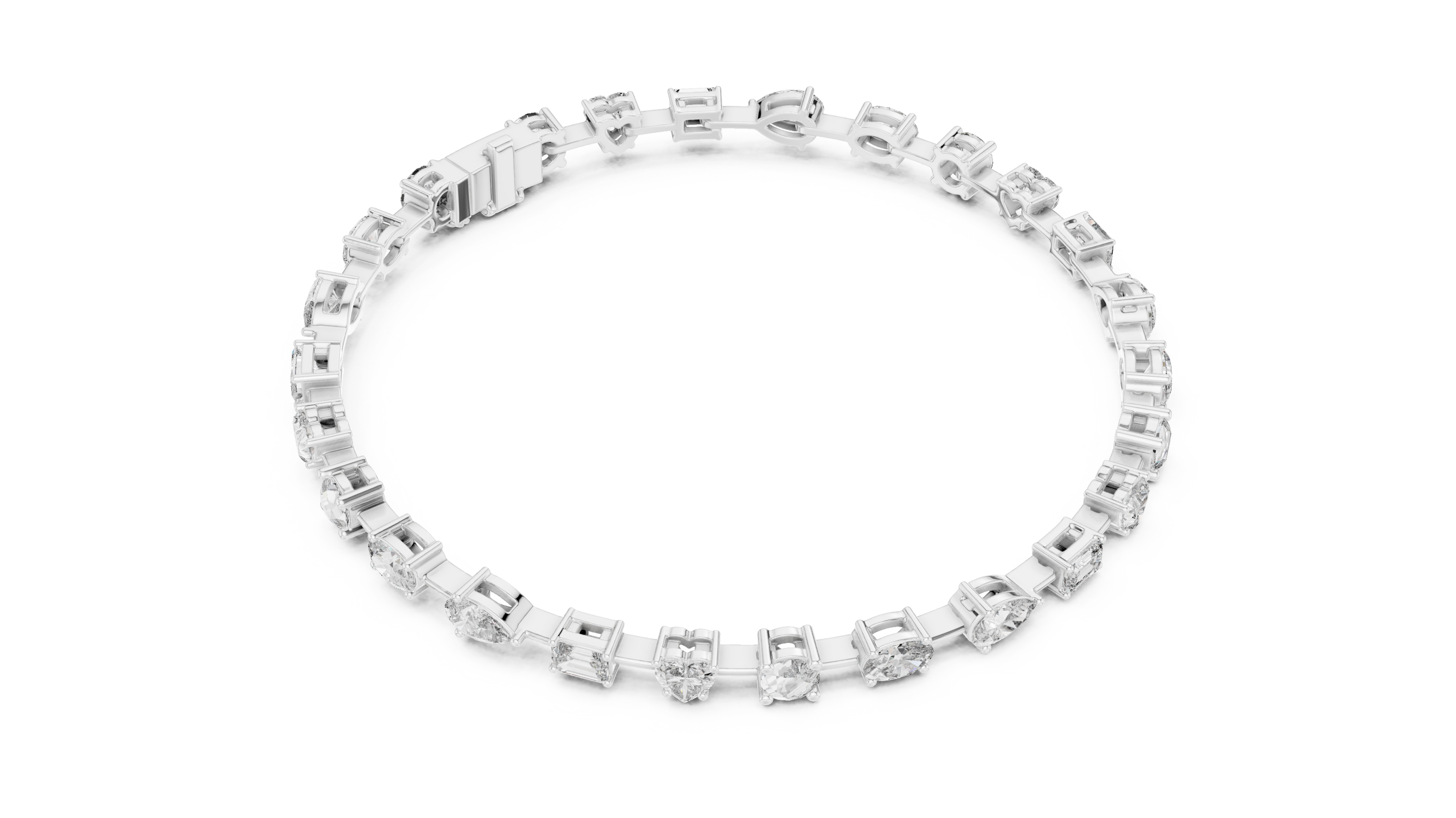 Multi shape lab grown diamond tennis bracelet with round heart oval pear and emerald cut diamonds in gold variations