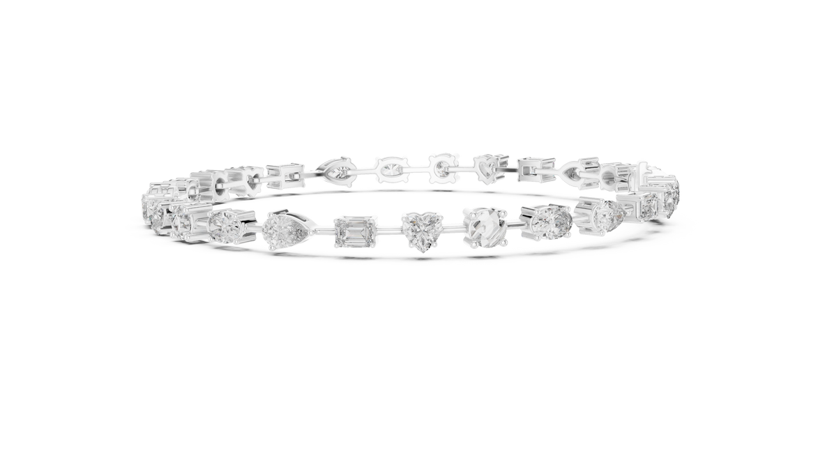Multi shape lab grown diamond tennis bracelet with round heart oval pear and emerald cut diamonds in gold variations