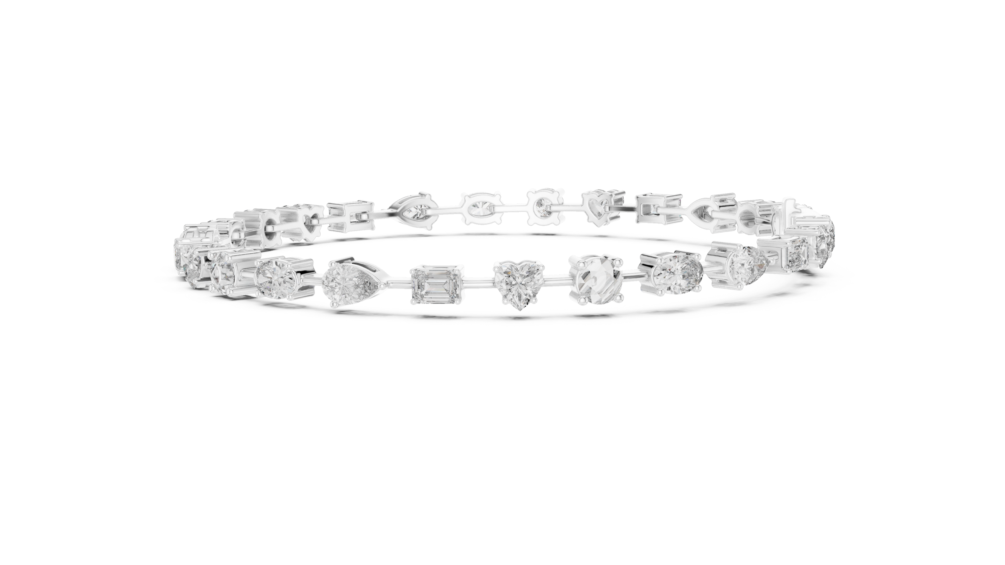 Multi shape lab grown diamond tennis bracelet with round heart oval pear and emerald cut diamonds in gold variations